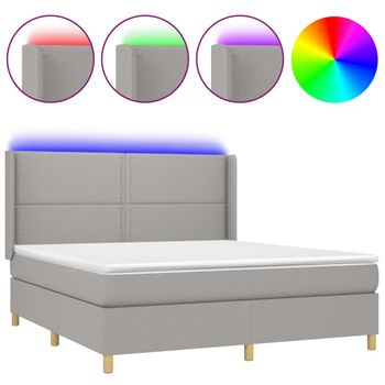 Cama Box Spring Colchón Y Luces Led Tela Gris Claro 160x200 Cm