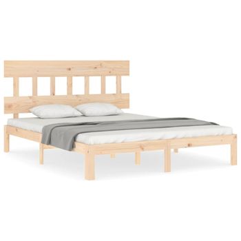 Estructura De Cama De Matrimonio Con Cabecero Madera Maciza Marrón