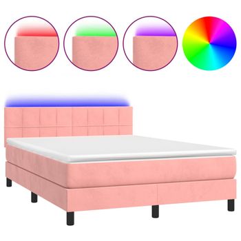 Cama Box Spring Colchón Y Led Terciopelo Rosa 140x200 Cm