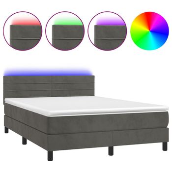 Cama Box Spring Colchón Y Led Terciopelo Gris Oscuro 140x190 Cm