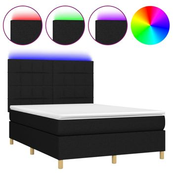 Cama Box Spring Colchón Y Luces Led Tela Negro 140x200 Cm