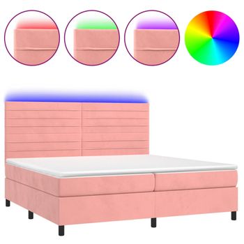 Cama Box Spring Colchón Y Led Terciopelo Rosa 200x200 Cm