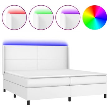 Cama Box Spring Colchón Y Led Cuero Sintético Blanco 200x200 Cm