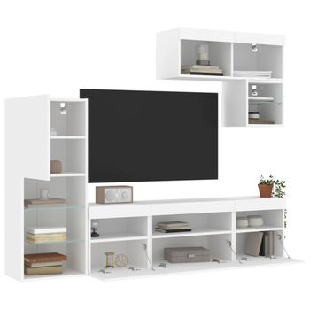 Vidaxl Muebles De Tv De Pared Con Led 6 Pzas Madera Ingeniería Blanco