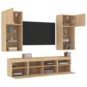 Vidaxl Muebles Tv Pared Con Led 5 Pzas Madera Ingeniería Roble Sonoma Marrón