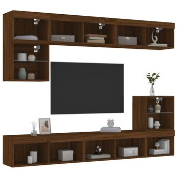 Vidaxl Muebles Tv Pared Con Led 8 Pzas Madera Ingeniería Marrón Roble