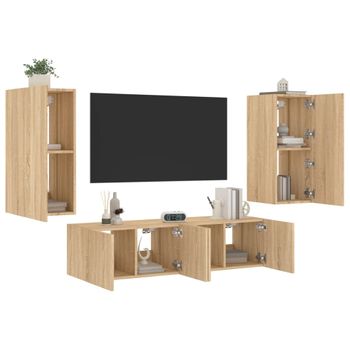 Vidaxl Muebles Tv Pared Con Led 4 Pzas Madera Ingeniería Roble Sonoma Marrón