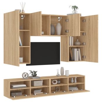 Vidaxl Muebles De Tv De Pared 5 Pzas Madera De Ingeniería Roble Sonoma Marrón