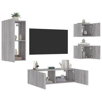 Vidaxl Muebles De Tv De Pared Con Luces Led 4 Piezas Gris Sonoma