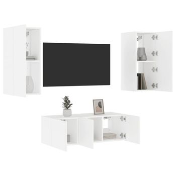 Vidaxl Muebles De Tv De Pared Con Led 4 Pzas Madera Ingeniería Blanco