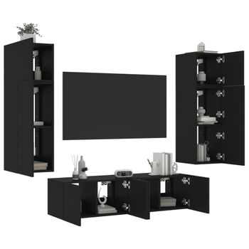 Vidaxl Muebles De Tv De Pared Con Led 6 Pzas Madera Ingeniería Negro