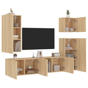 Vidaxl Muebles De Tv De Pared 5 Pzas Madera De Ingeniería Roble Sonoma Marrón