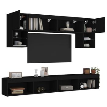 Vidaxl Muebles De Tv De Pared Con Led 6 Pzas Madera Ingeniería Negro