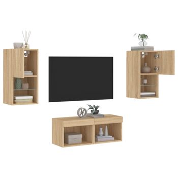 Vidaxl Muebles De Tv De Pared Con Luces Led 4 Piezas Roble Sonoma Marrón