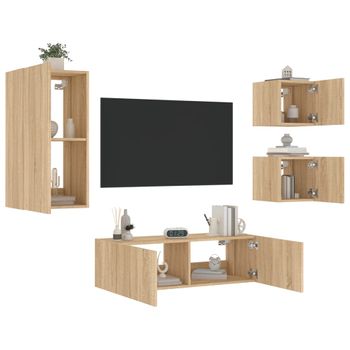 Vidaxl Muebles De Tv De Pared Con Luces Led 4 Piezas Roble Sonoma Marrón