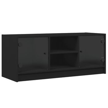 Mueble De Tv Con Puertas De Vidrio Negro 102x37x42 Cm