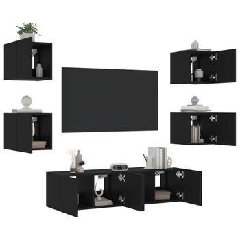 Vidaxl Muebles De Tv De Pared Con Led 6 Pzas Madera Ingeniería Negro