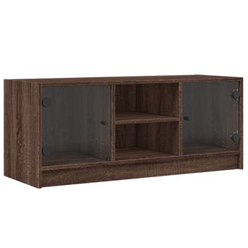 Mueble De Tv Con Puertas De Vidrio Marrón Roble 102x37x42 Cm