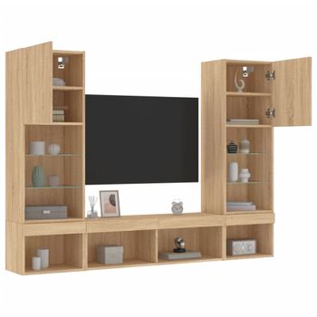 Vidaxl Muebles Tv Pared Con Led 5 Pzas Madera Ingeniería Roble Sonoma Marrón