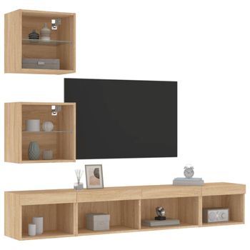 Vidaxl Muebles Tv Pared Con Led 5 Pzas Madera Ingeniería Roble Sonoma Marrón