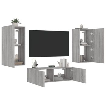 Vidaxl Muebles De Tv De Pared Con Luces Led 3 Piezas Gris Sonoma