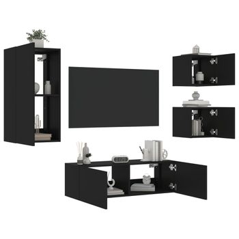 Vidaxl Muebles De Tv De Pared Con Luces Led 4 Piezas Negro