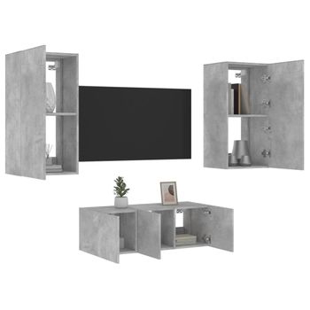 Vidaxl Muebles Tv Pared Con Led 4 Pzas Madera Ingeniería Gris Hormigón