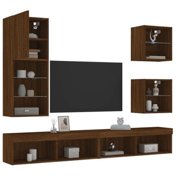 Vidaxl Muebles Tv Pared Con Led 5 Pzas Madera Ingeniería Marrón Roble