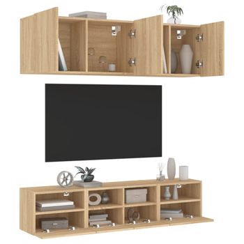 Vidaxl Muebles De Tv De Pared 5 Pzas Madera De Ingeniería Roble Sonoma Marrón