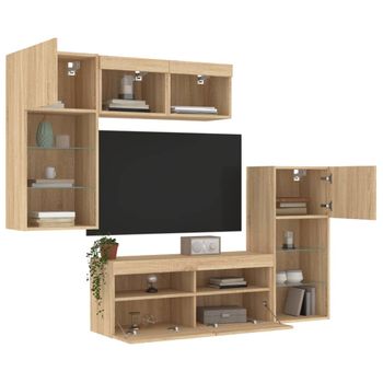 Vidaxl Muebles Tv Pared Con Led 5 Pzas Madera Ingeniería Roble Sonoma Marrón