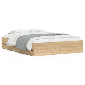 Vidaxl Cama Con Cajones Madera Ingeniería Roble Sonoma 150x200 Cm Marrón