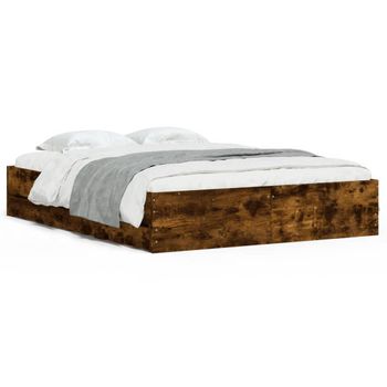 Vidaxl Cama Con Cajones Madera De Ingeniería Roble Ahumado 150x200 Cm Marrón