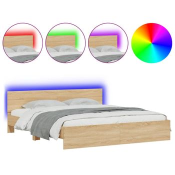 Estructura De Cama Cabecero Y Luces Led Roble Sonoma 200x200 Cm Marrón