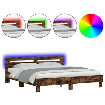 Vidaxl Estructura De Cama Cabecero Y Luces Led Roble Ahumado 180x200cm Marrón