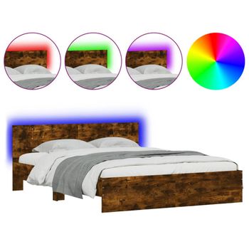 Vidaxl Estructura De Cama Cabecero Y Luces Led Roble Ahumado 160x200cm Marrón