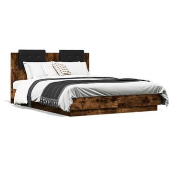 Vidaxl Estructura Cama Con Cabecero Luces Led Roble Ahumado 135x190 Cm Marrón