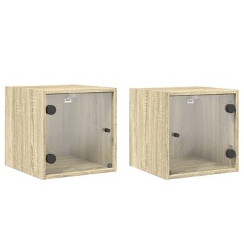 Mesitas Noche Con Puertas Vidrio 2 Uds Roble Sonoma 35x37x35 Cm Marrón