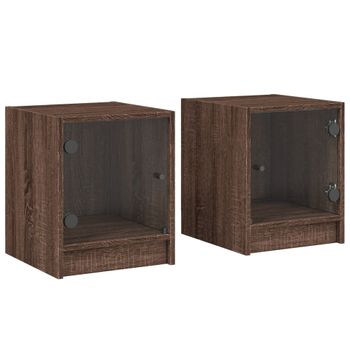 Mesitas Noche Con Puertas Vidrio 2 Uds Roble Marrón 35x37x42 Cm