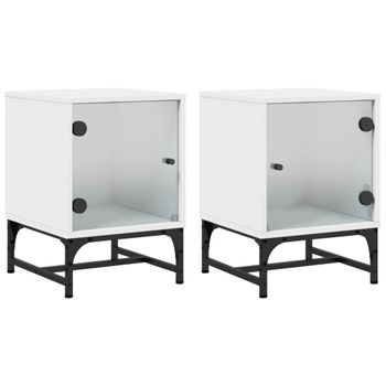 Mesitas De Noche Con Puertas De Vidrio 2 Uds Blanco 35x37x50 Cm