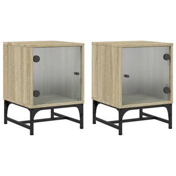 Vidaxl Mesitas Noche Con Puertas Vidrio 2 Uds Roble Sonoma 35x37x50 Cm Marrón