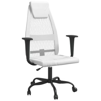 Vidaxl Silla De Oficina Altura Ajustable Tela Malla Y Cuero Pe Blanco