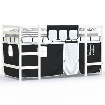 Vidaxl Cama Alta Niños Con Cortinas Madera Pino Blanco Negro 80x200 Cm