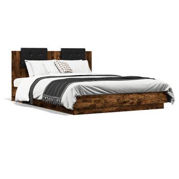 Vidaxl Cama Con Cabecero Madera De Ingeniería Roble Ahumado 140x200 Cm Marrón