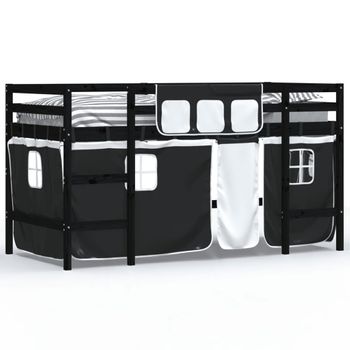 Vidaxl Cama Alta Niños Con Cortinas Madera Pino Blanco Negro 80x200 Cm