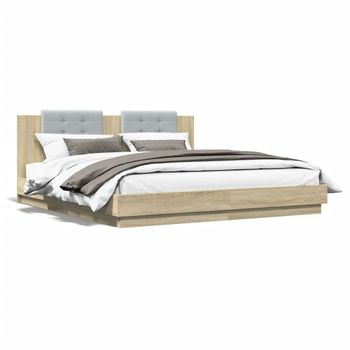 Vidaxl Cama Con Cabecero Madera De Ingeniería Roble Sonoma 200x200 Cm Marrón