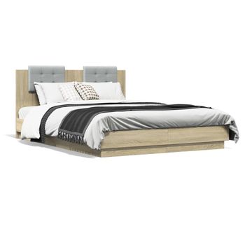 Vidaxl Estructura De Cama Cabecero Luces Led Roble Sonoma 140x200 Cm Marrón