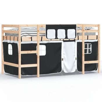 Vidaxl Cama Alta Niños Con Cortinas Madera Pino Blanco Negro 90x200 Cm