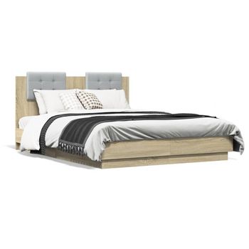 Vidaxl Estructura De Cama Cabecero Luces Led Roble Sonoma 140x190 Cm Marrón