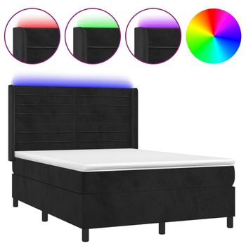 Cama Box Spring Colchón Y Led Terciopelo Negro 140x200 Cm