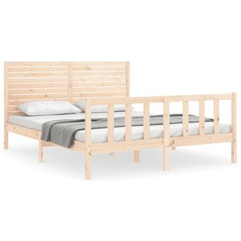 Vidaxl Estructura De Cama De Matrimonio Con Cabecero Madera Maciza Marrón